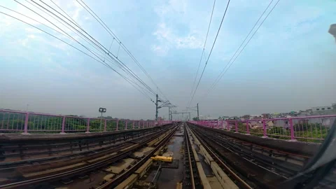 The view from the last coach of a driverless metro train Stock Footage 343199181