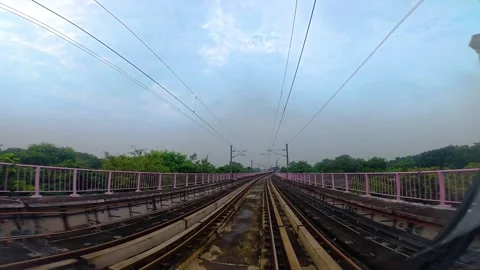 The view from the last coach of a driverless metro train Stock Footage 343199250