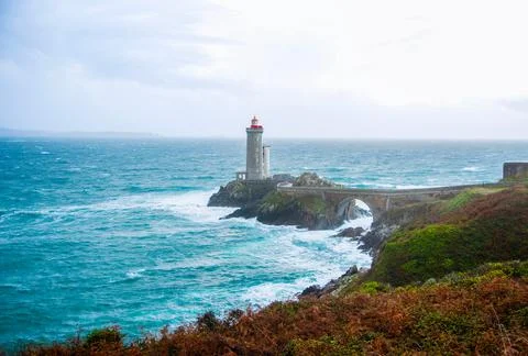 View of the Le Phare du petit minou in Plouzane, Brittany, France. Stock Photos