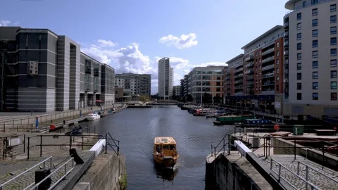 View of the Leeds dock outside the Royal Armouries museum Stock Footage 118280025