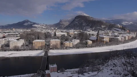 View to Left City, River Salzach with Kapuzinerberg, Salzburg, Austria, Winter Stock Footage 326875809