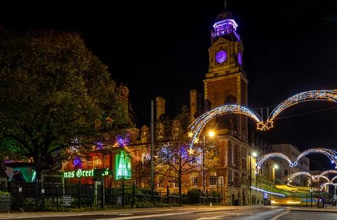 View of Leicester town hall square in the night decorated for Christmas time Stock Photos