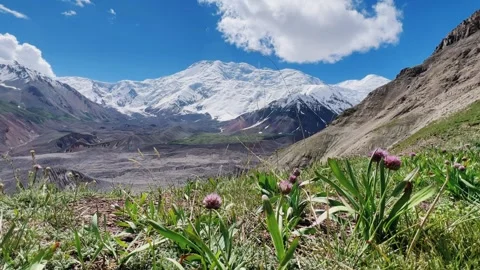 View of Lenin Peak, one of the highest peaks of Central Asia.  Stock Footage 261268380