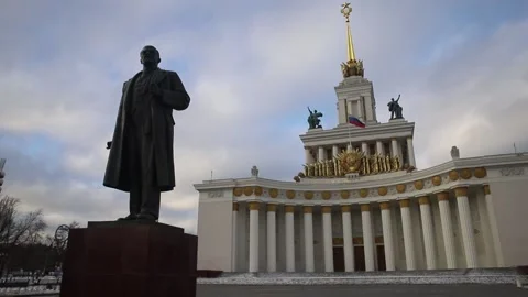View Of Lenin Statue Against The Background Of The Central Pavilion At The V Stock Footage 145615431