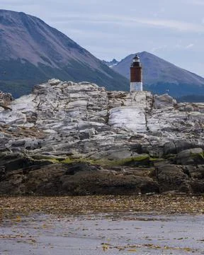 View of Les Eclaireurs lighthouse in the Beagle channel, Ushuaia, Tierra del  Stock Photos