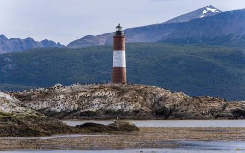 View of Les Eclaireurs lighthouse in the Beagle channel, Ushuaia, Tierra del  Stock Photos