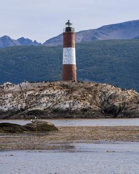 View of Les Eclaireurs lighthouse in the Beagle channel, Ushuaia, Tierra del  Stock Photos
