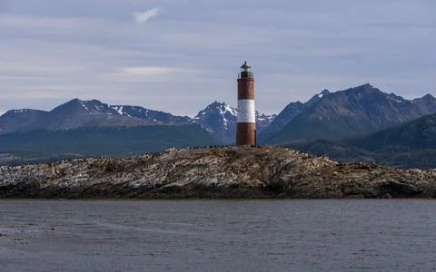 View of Les Eclaireurs lighthouse in the Beagle channel, Ushuaia, Tierra del  Stock Photos