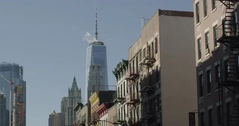 View of the Liberty tower in New York. Chinatown neighborhood. Red Cam 8k Stock Footage