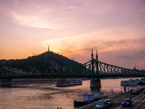 View on the Libery Bridge and the Gellert Hill and the Liberty statue in the  Stock Photos