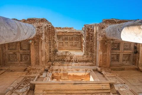 A view of the Library of Celsus from below. Ephesus Ancient City Stock Photos