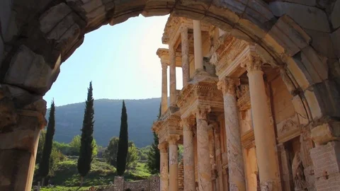 View of Library of Celsus Framed by an Arch - Ephesus, Turkey Stock-Footage 84292153