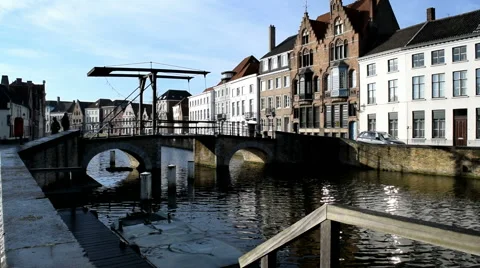 View of a lifting bridge across a canal in Bruges, Belgium Stock Footage 45253249