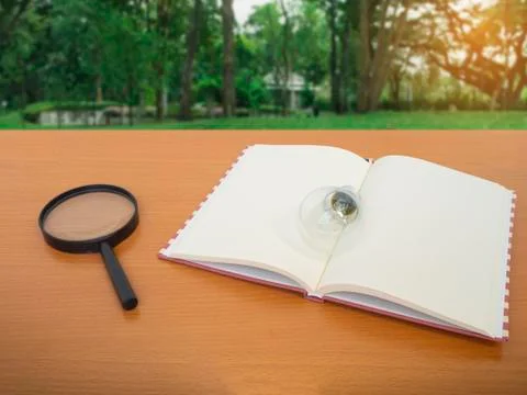 View of light bulb notebook and Magnifying glass on wooden table with green t Stock Photos