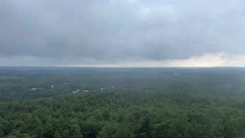 View from Lighthouse Over Forest by the Sea, Cloudy Weather Stock Footage 281905106