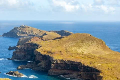 View on the Lighthouse of penisula Ilheu do Farol of Ponta de Sao Lourenco .. Stock Photos