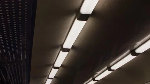 View of lights on in wagon of electrical train. Russain railway transportation Stock Footage 147724976