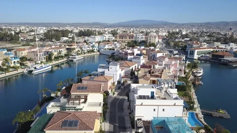 View of limassol marina camera movement to decline and drone pilot, Cyprus Stock Footage 125808799