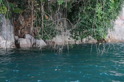 View of limestone cliffs from the water, khao sok national park, Thailand Stock Photos