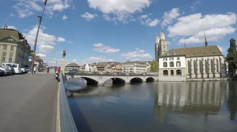 View on Limmat river and Helmhouse in Zurich 4K Stock Footage 49314833