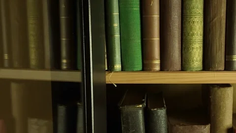 A view of a line of old books. A collection of ancient books in a bookcase. Video stock 300129564