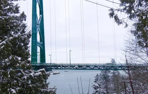 A View of Lions Gate Bridge covered in snow in Vancouver Stock Photos