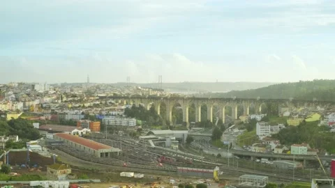 View of Lisbon from above with aqueduct Video stock 237530693