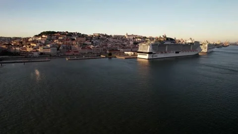 View of Lisbon docks with giant cruise ships in Lisbon, Portugal Stock Footage 219013074