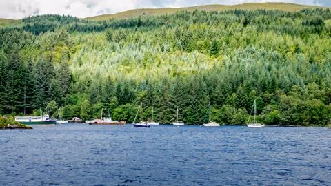 A view of Loch Ness with the surrounding pine forest, tourist boats and yacht Stock Photos