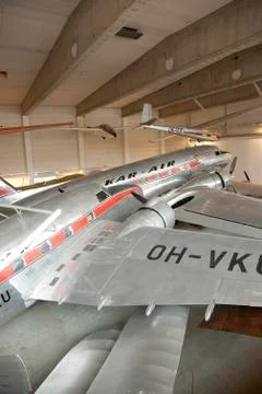 A view of a Lockheed Lodestar and Douglas Dc3 at the Finnish Aviation Museum  Stock Photos