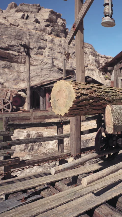 View of log and wooden structures at a mining area near a rocky landscape Stock Footage 339034973