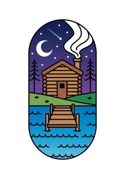 View of log cabin and small pier illustration Stock Illustration