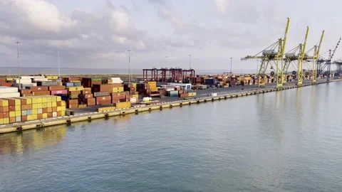 View of logistic port with cranes for loading cargo and container in commercial Stock Footage 219865051