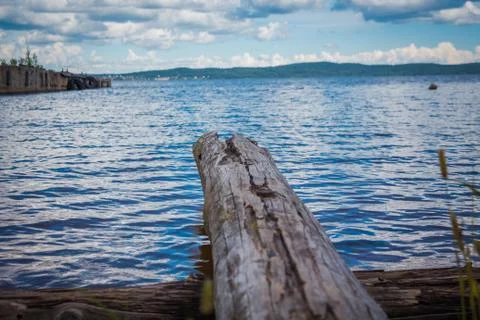 View from the logs lying on the sandy shore of the lake. Stock Photos