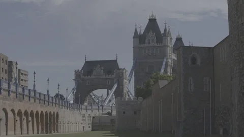 View of London Bridge from inside the Tower of London Stock Footage 98694841