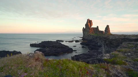 View of Londrangar Cliffs in summer in Icelands Snaefellsness Peninsula Stock Footage 141764485