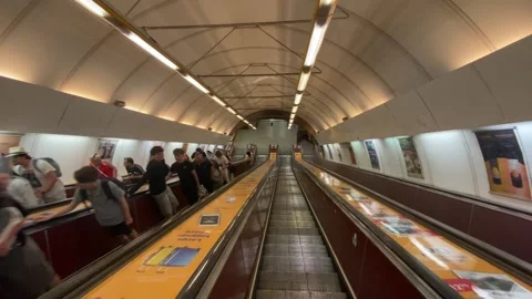 View Up Long Futuristically Lit Escalators Prague Metro Station - May 30 2026 Stock Footage 336281032