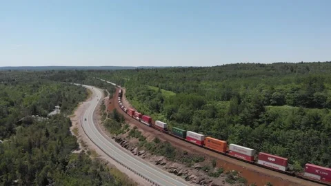 View of a long Train Passing by Forest in Canada Stock Footage 142901108