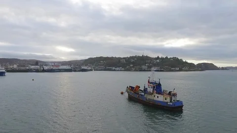 A view looking across Oban Bay, Oban, Scotland.Fishing trawler moored up in Video stock 92210079