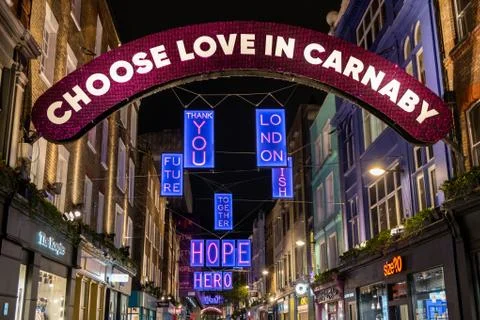 View looking along Carnaby Street showing the 2020 Christmas lights Stock Photos