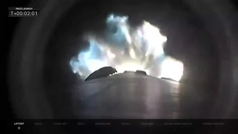 View looking down first stage booster of NASA's PACE satellite launch Stock Footage 295933466
