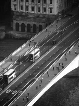 A view looking down onto London Bridge in black and white showing early morning Stock Photos