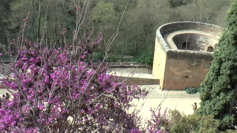 View Looking Down Over Castle Walls Surrounding Palace of Carlos V in Alhambra Stock Footage 237812157