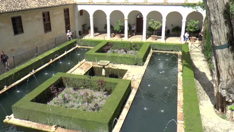 View Looking Down Over Fountain Courtyard at Generalife Gardens in Alhambra Stock Footage 237823567
