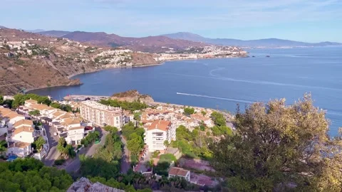 View looking east of small harbour Marina del Este at the Mediterranean coast Stock Footage 238806475