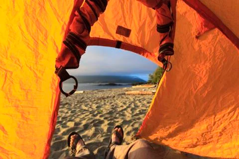 The view looking out from inside a tent on Vargas Island Clayoquot Sound British Stock Photos