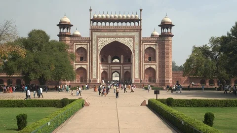 View looking south of the great gate entrance to the taj mahal in agra Stock Footage 128868250