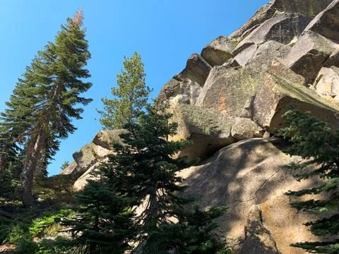 View Looking Up from Under a Wall of Rocks Towards Blue Sky and Pine Trees Stock Photos