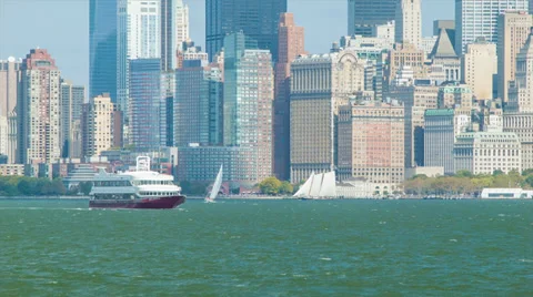 View of Lower Manhattan with Ferry Crossing the Hudson River Stock Footage 36966727