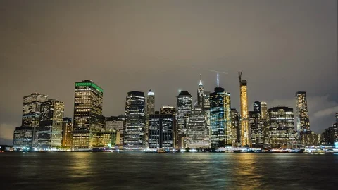 View of lower Manhattan at night. New York business district, night timelapse Stock Footage 105739719